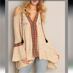 Free People Cream Knit Top with Multicolor Trim